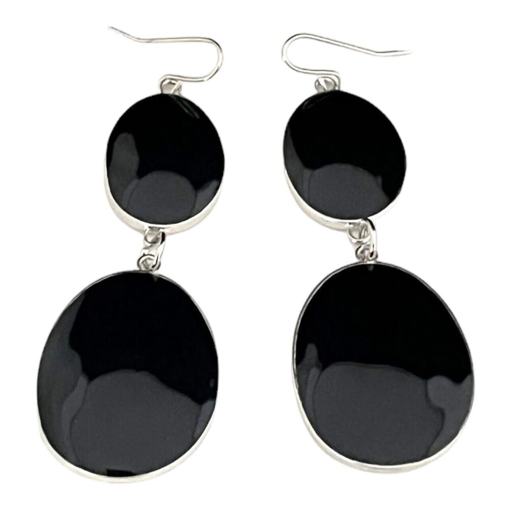 New Boutique Earrings Silver Tone Black Enamel Dangle Statement 1H
